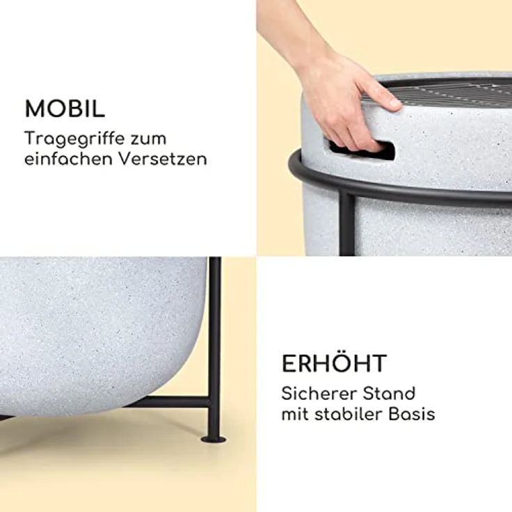Blumfeldt Feuerschale, Tragbare Feuerstelle Outdoor, mit Grillrost & Holzlagerfach, Stahlschale, 52 x 46 x 52 cm, in Stein-Design – Bild 5