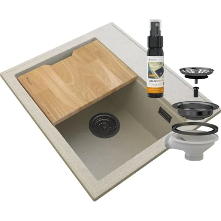 Granitan GRANITAN Foxal Küchenspüle, Granit Unterbauspüle - Siphon, hochwertige Spüle, Granitspüle mit manuellem Siphon, komplett mit Spülenabdichtung und passendem Küchenbrett aus Holz