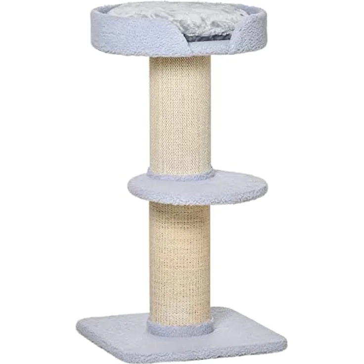 PawHut Katzenbaum Spielbaum Kratzstamm mit Plattform Sisal E1 Spanplatte Plüsch Hellblau 45 x 45 x 91 cm