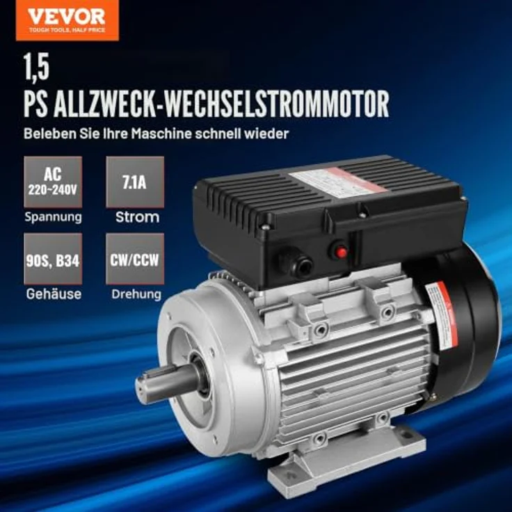 VEVOR 1,1 kW Elektromotor 2800 U/min, AC 220–240 V, einphasig, B34-Rahmen, Luftkompressormotor mit 24 mm Keilwelle, Rechts-/Linkslauf – Bild 2