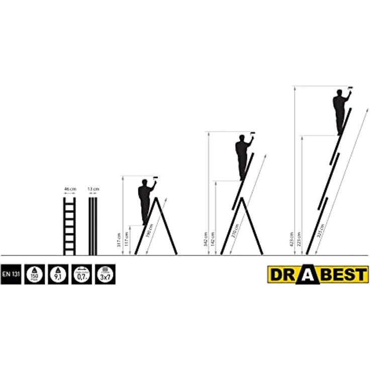 DRABEST Aluleiter Mehrzweckleiter 3-teilig Industrieleiter 3 x 7 Sprossen Basic Belastbarkeit 150 kg Arbeitshöhe 4,23 m inkl. Eimerhaken – Bild 4
