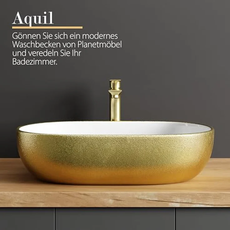Planetmöbel Aufsatzwaschbecken Aquil Deluxe, ovales Keramikwaschbecken, 60 cm, gold, für Waschtisch ohne Hahnloch und Überlauf – Bild 5