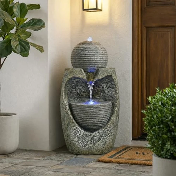 Köhko Gartenbrunnen „Steinquell Aura“, moderner Zierbrunnen mit LED und Natursteinoptik, 76 cm hoch – Bild 5