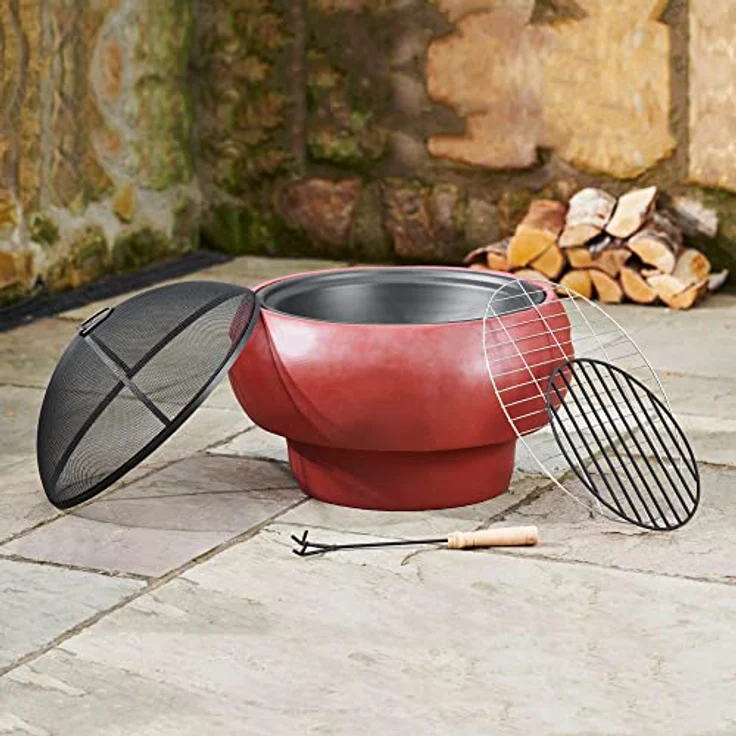 Teamson Home Garten Kleine, Runde Holzfeuerstelle, Gartenmöbel, Kaminofen, Feuerstellenheizung, Feuerschale, Holzbrenner mit Schürhaken, Grill und Deckel, Rot – Bild 5
