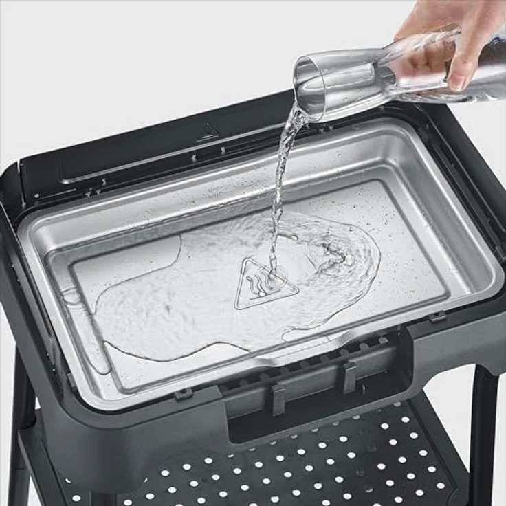 Severin PG8594, Standgrill mit Edelstahl-Grillrost 38x22cm, 2000W, stufenlos einstellbare Temperatur von 35-200°C, inklusive Ablagerost und Wasserauffangschale – Bild 4