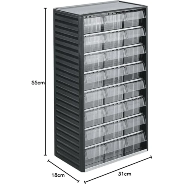 Treston Kleinteilemagazin 554-3, Polypropylen-Rahmen mit transparenten Polystyrol-Schubladen, BxTxH 310x180x550 mm – Bild 3