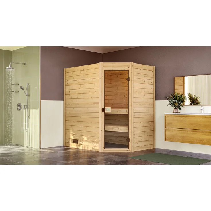 Weka Sauna Massivholzsauna VALIDA Eck 1, 189 x 139 x 203,5 cm, Blockbohlen, Ganzglastür, naturbelassenes Fichtenholz