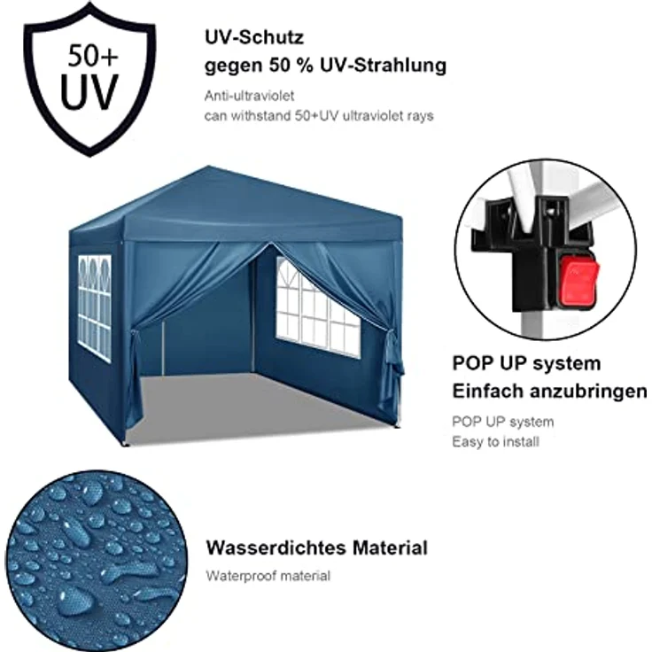 WOLTU Pavillon Pop-Up wasserdichter Faltpavillon Sonnenschutz Event Pavillon mit Seitenwänden Gartenpavillon auf Terrasse Camping Festival Pagodenzelt aus Oxford Metallrahmen 3 x 3 m Blau – Bild 2