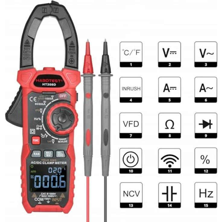 Habotest HT208D, Digital Clamp Meter mit LCD-Display, Multifunktional, 40 mm Klemmbreite, mit Taschenlampe und NCV-Sensor – Bild 2