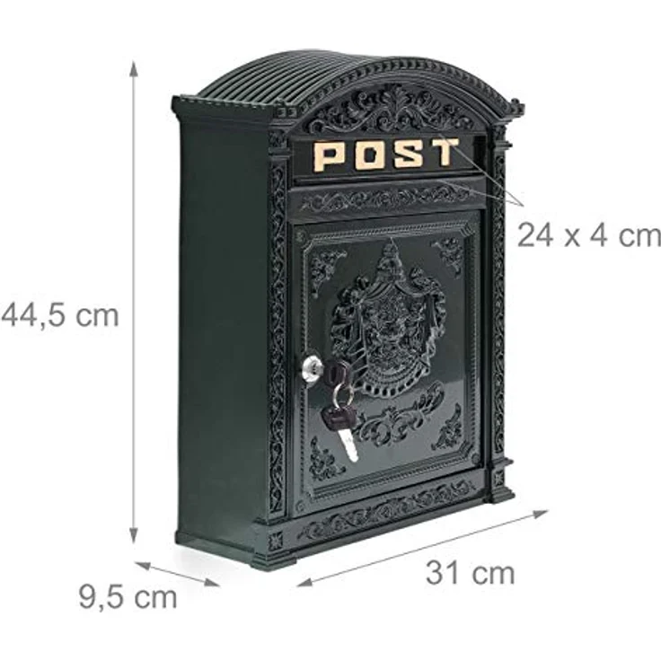 Relaxdays Briefkasten Antik Englischer Wandbriefkasten aus Aluguss mit breitem Briefschlitz für DIN A4 Umschläge HBT: 44,5 x 31 x 9,5 cm nostalgischer Postkasten mit rundem Dach, grün – Bild 5
