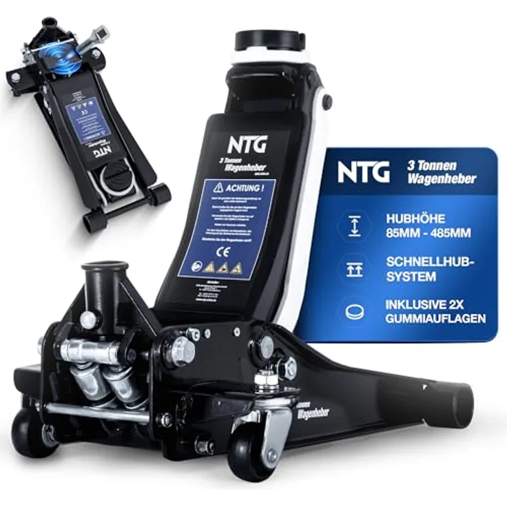 NTG Hydraulischer Wagenheber, Rangierwagenheber 3t mit Doppelkolben-Schnellhub, Hubbereich 85-485mm, inkl. 2 Gummipads und magnetischer Ablagefläche
