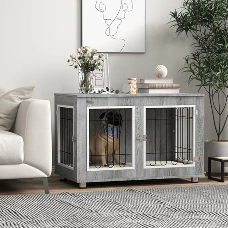 PawHut Hundekäfig Möbel mit 2 Türen, Metall Hundebox für große Hunde bis 25 kg, inklusive Kissen und 2 Verriegelungen, 90 x 58 x 65 cm, Grau – Bild 2