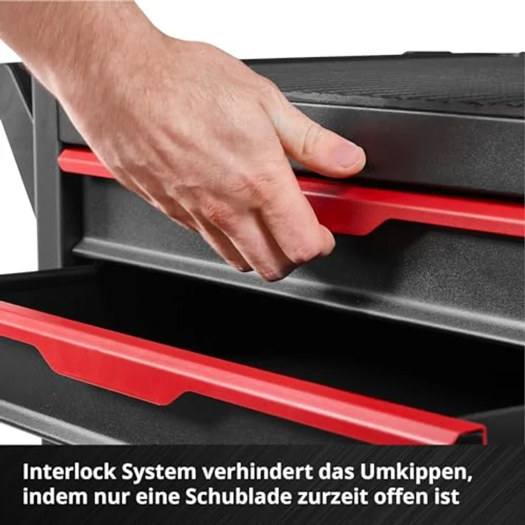Einhell Werkstattwagen 149-tlg., inkl. 70 Bits, 11 Ringgabelschlüssel und Zangen, kugelgelagerte Schubladen, abschließbar, mobil – Bild 12