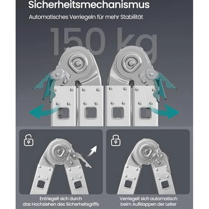 SONGMICS Leiter, Mehrzweckleiter, Aluleiter, 6 Positionen, bis 150 kg, 430 cm lang, silbern – Bild 3