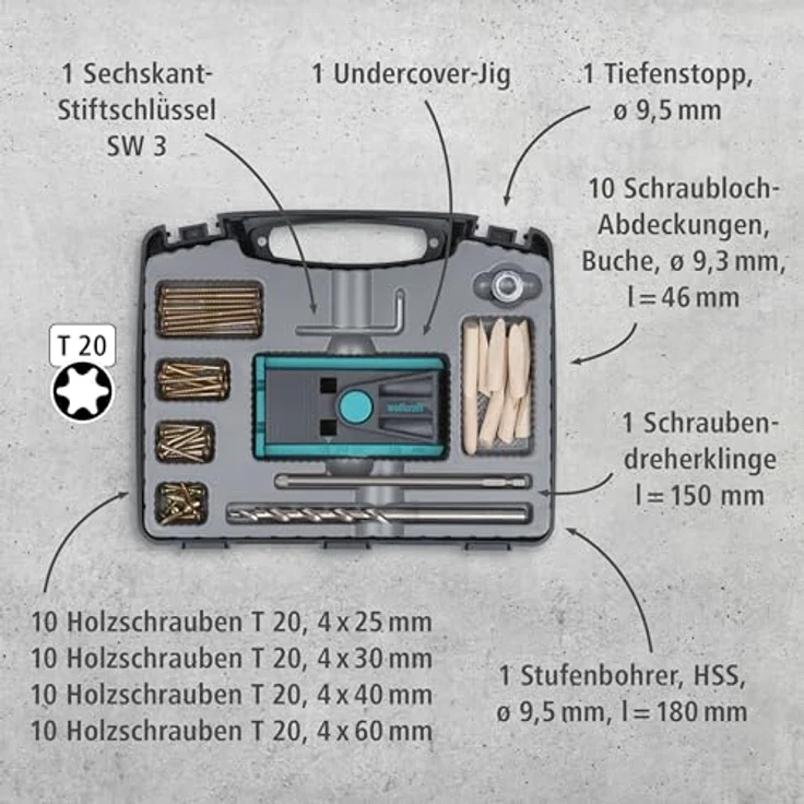 wolfcraft Undercover Jig-Set TX, Komplettset für präzise Taschenbohrungen und versteckte Holzverbindungen – Bild 2