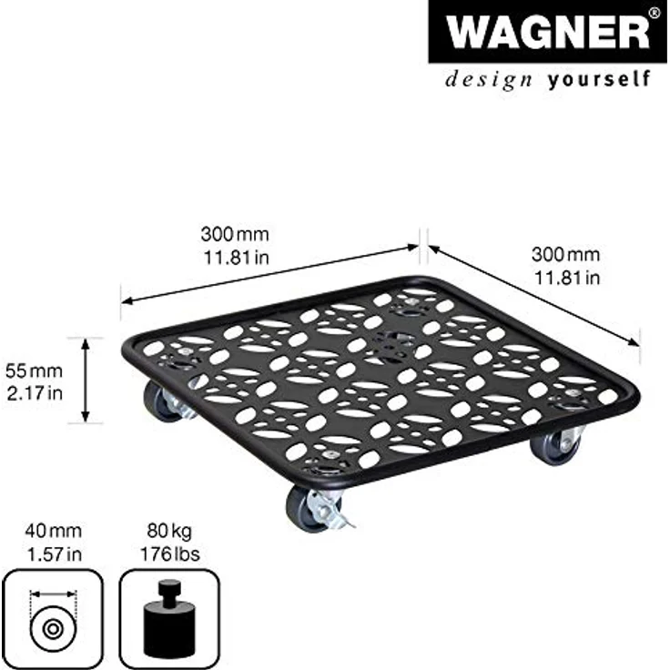 Wagner Pflanzenroller Black Edition 30 x 30 x 5,5 cm I Pflanzenroller für Innenbereich + Außenbereich I Blumenroller aus Stahl, schwarz beschichtet I 2 Feststeller I Tragkraft 60 kg - 20093701 – Bild 3