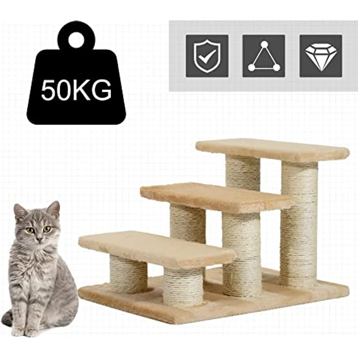 PawHut Tiertreppe Katzentreppe Hundetreppe 3 Stufen Treppe für Katze und Hunde Plüsch Creme 45 x 35 x 34 cm – Bild 4