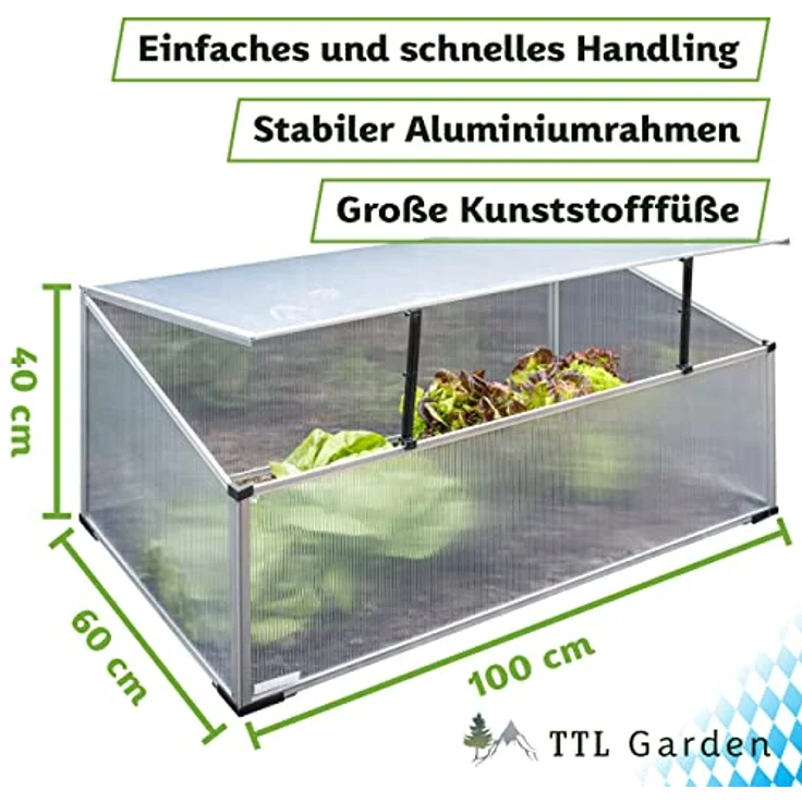 TTL Garden Frühbeet Aufsatz 100x60x40cm, Alu & Polycarbonat, Mini-Gewächshaus mit einstellbarem Deckel für optimale Wachstumsbedingungen, robuster Aluminiumrahmen, witterungsbeständig – Bild 2