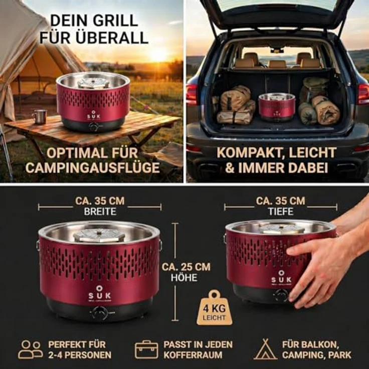 SOUK ONE Tischgrill mit Aktivbelüftung, Holzkohlegrill Grill mit Lüfter, Campinggrill BBQ Outdoor (Rot) – Bild 6