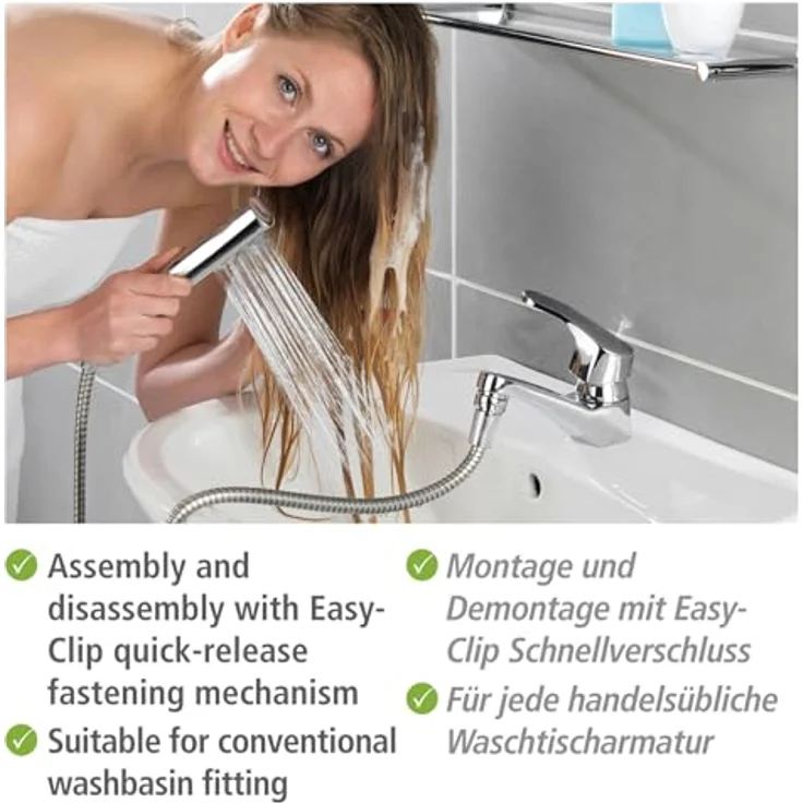 Wenko Duschbrause Waschbeckendusche, praktische Dusche mit 150 cm Edelstahl-Duschschlauch und Antikalk-Noppen, inklusive Easy-Clip-Gleitfunktion und DUO-Haken – Bild 4