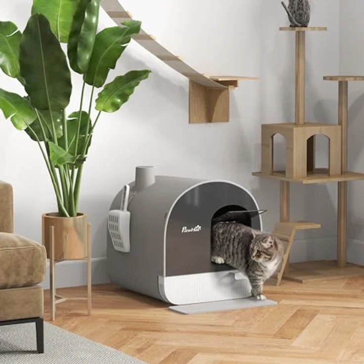 PawHut Katzentoilette Toilette mit Haube für Katzen bis 5 kg Katzenklo mit Deckel inkl. Schaufel ausziehbares Tablett Katzenstreu Matte Kunststoff Grau 43 x 44 x 47 cm – Bild 2
