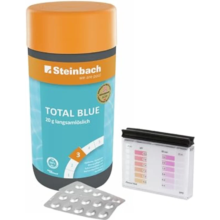 Steinbach Poolpflege Test-Set Total Blue 1 kg mit langsamlöslichen Tabletten & Testkit für pH-Wert/Chlor, ideal für sauberes und kristallklares Poolwasser – Bild 1