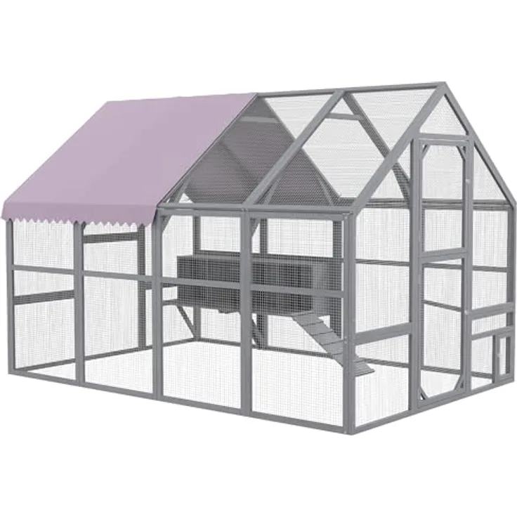 PawHut Hühnerstall Freilaufgehege aus Holz, 280 x 185,5 x 188 cm, mit Tür, Nistkasten, Dach und Rampe, für 8-12 Hühner, grau