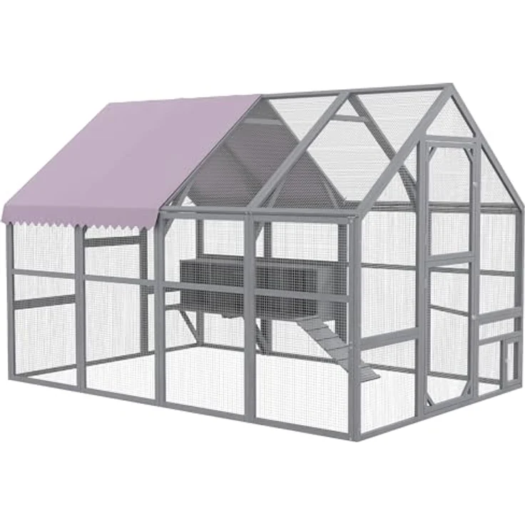 PawHut Hühnerstall Freilaufgehege aus Holz, 280 x 185,5 x 188 cm, mit Tür, Nistkasten, Dach und Rampe, für 8-12 Hühner, grau – Bild 1