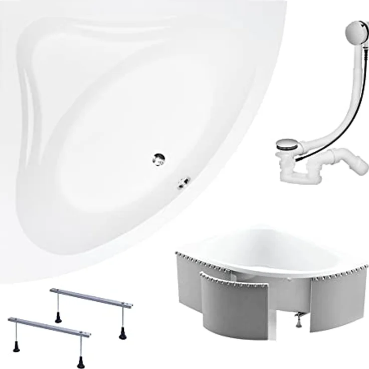 KOLMAN Badewanne MIA Eckbadewanne 140x140, Set 4in1 mit Styroporverkleidung, Ablaufgarnitur und Füßen, premium Acryl in reinweiß, 250 Liter Fassungsvermögen – Bild 1