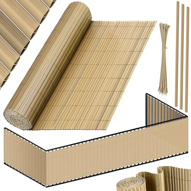 KESSER PVC Sichtschutzmatte Sichtschutzzaun Balkonverkleidung Windschutz Wetterfest verstärkten Lamellen, für Garten, Balkon Terrasse Outdoor Balkonumrandung mit Kabelbindern 120 x 500 cm, Bambus – Bild 1