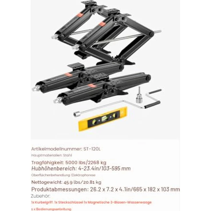 VEVOR RV Scherenwagenheber mit Kurbelgriff & Steckschlüssel, Tragkraft 2268 kg, Hubbereich 103-595 mm, inkl. magnetischer Wasserwaage, 4-teiliges Set – Bild 7