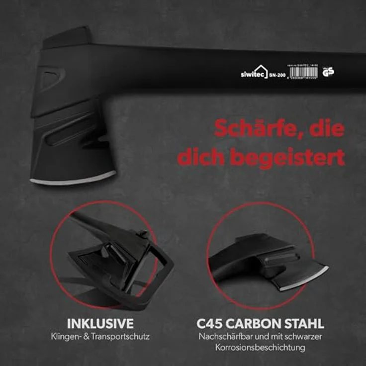 siwitec Axt SN-200 inkl. Klingenschutz, Spaltaxt mit 200 Gramm Kopfgewicht, Axt zum Holz spalten mit glasfaserverstärktem Kunststoff-Stiel und C45 Carbon Klinge, Spalthammer – Bild 4