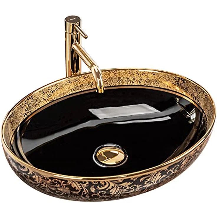 Rea Waschbecken Waschtisch Aufsatzwaschbecken Keramik Handwaschbecken Aufsatz Waschschale Gold Schwarz Rund 40x52 – Bild 1
