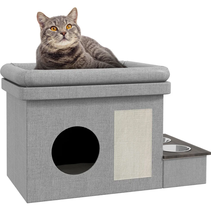 PawHut Tierbett Katzenhaus mit 2 Edelstahlnäpfen, Katzenbett Kissen, Kratzmatte, für Katzen und Hunde bis 8 kg, Polyester, Grau – Bild 1