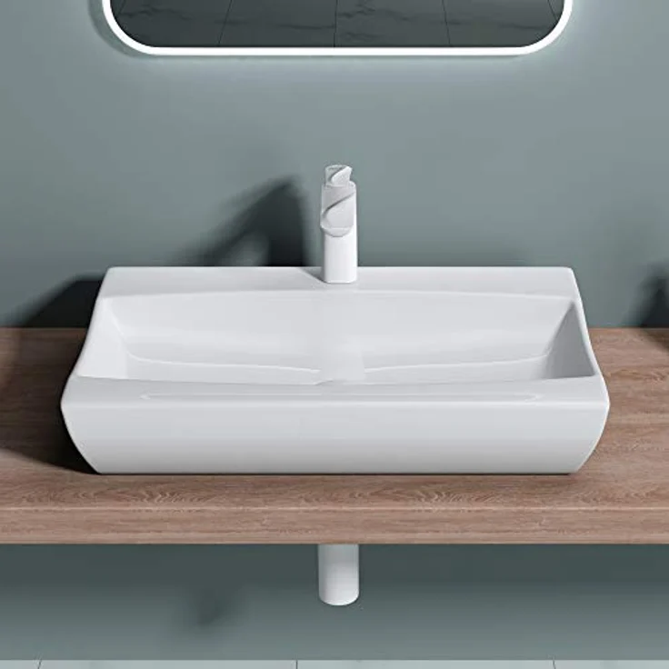 doporro Aufsatzwaschbecken Brüssel890 Keramik weiß Abperl-Effekt, Eckiges Design mit DIN-Anschlüssen – Bild 4
