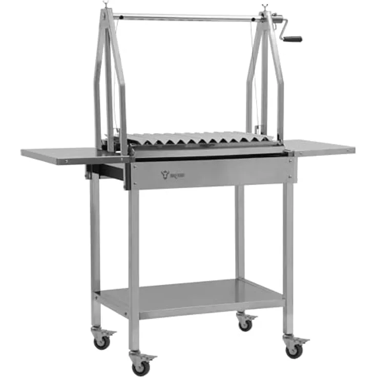 BBQ-Toro Edelstahl Asado Grill, 119 x 45 x 135 cm, Argentinischer Holzkohlegrill mit höhenverstellbarem Rost und Seitenablagen