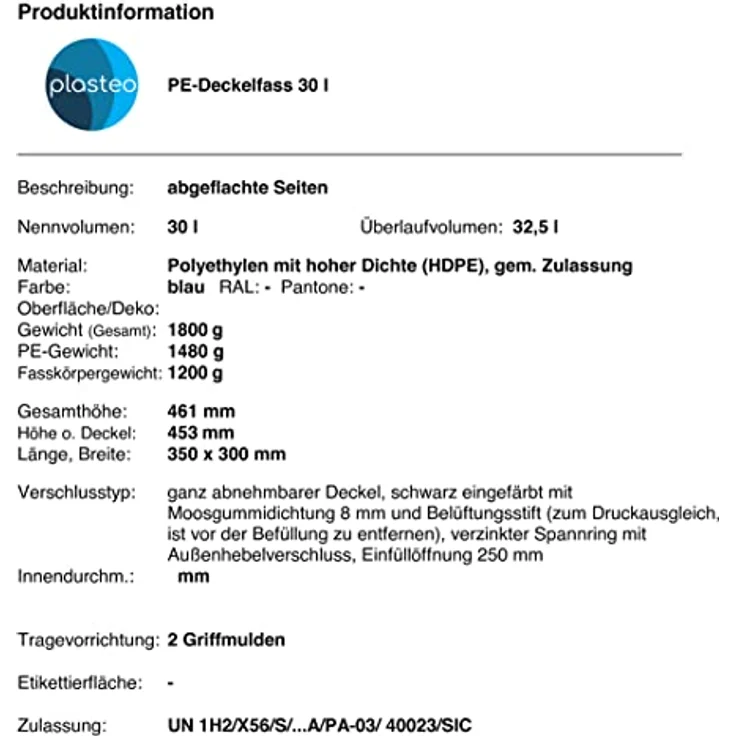 plasteo® 30 Liter Deckelfass mit Spannverschluss| Lebensmitteltauglich | Futtertonne | Luftdicht Verschließbar | Stapelbar und Palettengerecht | Stabile Griffmulden | Blau - Preisvergleich – Bild 5