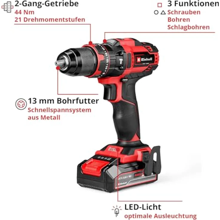 Einhell TE-CD 18/44 Li-i, Akku-Schlagbohrschrauber mit 44 Nm, 2-Gang Getriebe und 13 mm Schnellspannbohrfutter, inkl. 2,5 Ah Akku und Ladegerät – Bild 3