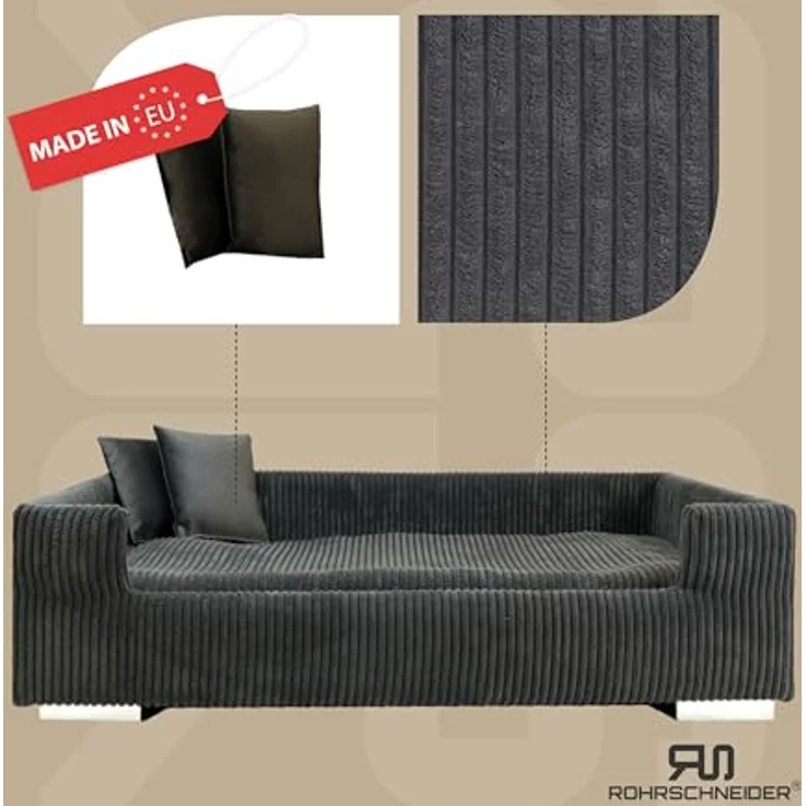 Rohrschneider Hundesofa | Hundebett Cord für mittelgroße und Grosse Hunde, hoher Rand, waschbarer Bezug, Cord aus 100% Polyester | grau | B 90 x T 57 x H 26 cm | inkl. 2X Dekokissen – Bild 2