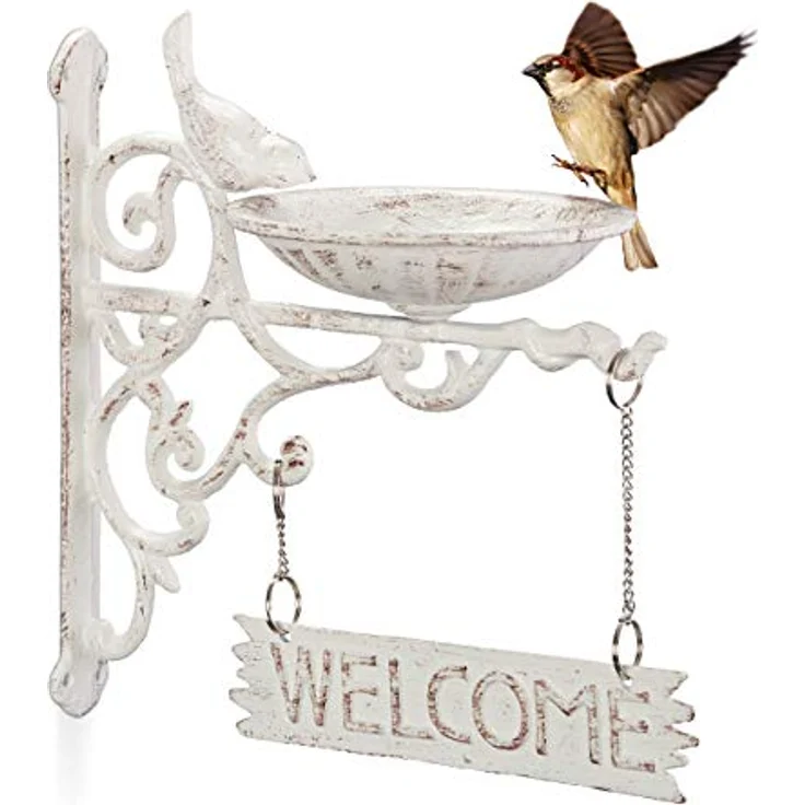 Relaxdays Vogeltränke Gusseisen, Welcome Schild, Gartendeko, Wandmontage, Vintage, Wasserschale für Wildvögel, weiß – Bild 1