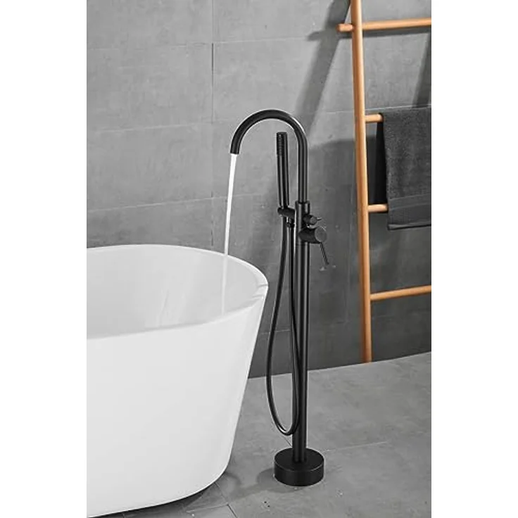 VALAZ Freistehende Badewanne Wasserhahn Ebro-Serie, Einhebelmischer Schwarz Matt, Warm- und Kaltwassermischer, Schnelle Installation, Rundem Schwanenhals – Bild 5