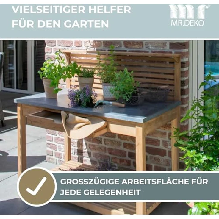 MR. DEKO Pflanztisch Hampton, Teakholz mit verzinkter Arbeitsplatte, wetterfest, Schublade, 115x66x124cm – Bild 2