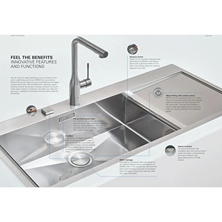 GROHE Eurosmart Küche, Set aus edelstahl Spüle und Küchenarmatur, 1 oder 1,5 Becken, 45 cm, QuickFix Technik – Bild 3