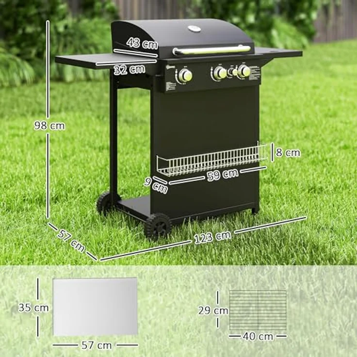 Outsunny Gasgrill BBQ 9,5 KW Grillwagen, 4 Brenner, Seitenkocher, 2 Heizzonen, Thermometer, 123x57x98 cm, für Balkon und Garten – Bild 5