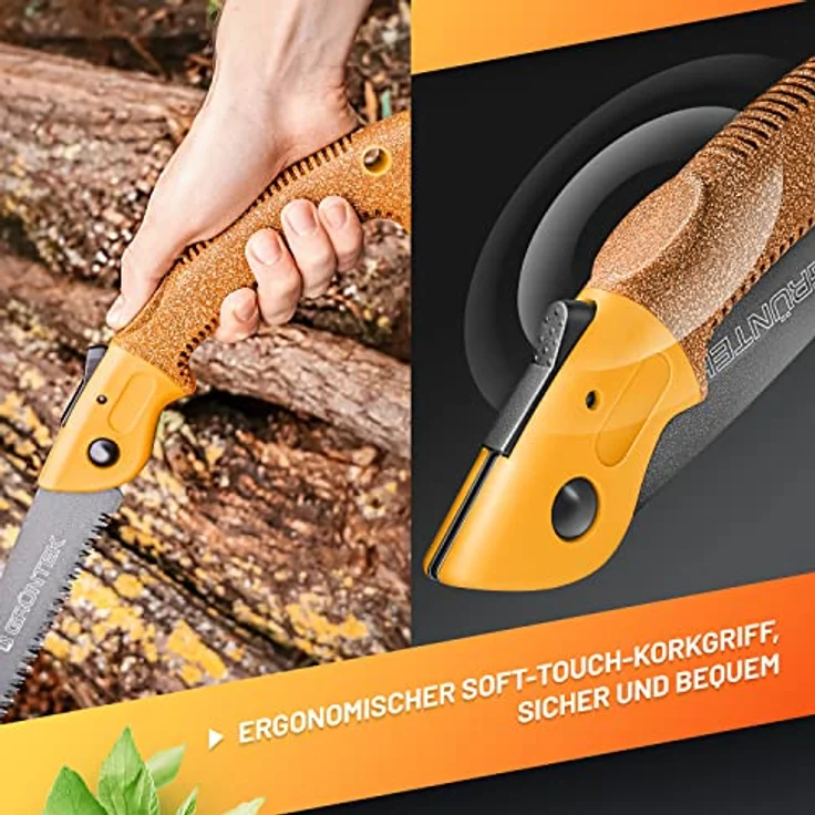 GRÜNTEK Klappsäge ZANDER, gehärtetes Carbonstahl Sägeblatt 180mm, rutschfester Korkgriff, TEFLON-beschichtete Klinge mit 4 Positionen ideale Outdoor Campingsäge Taschensäge Pocketsäge Astsäge – Bild 3