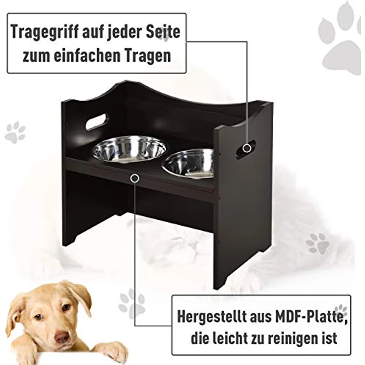 PawHut Höhenverstellbarer Hunde Fressnapf, Futterstation, Edelstahlnapf, Katzenapf, MDF, Edelstahl, Dunkelbraun, 54 x 31,5 x 47 – Bild 5