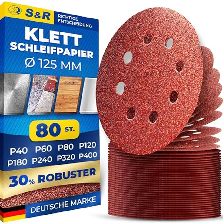 S&R Klett Schleifpapier Professional, Set 125 mm, 80 St, 8 Löcher, verschiedene Körnungen P40-P400 für Exzenterschleifer – Bild 1