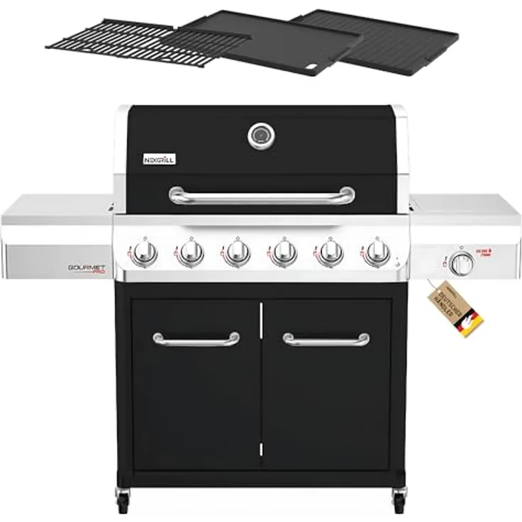 Nexgrill Gourmet Pro 6-Brenner Gasgrill mit Keramik-Seitenbrenner, Plancha Griddle-Max System, porzellanbeschichtetem Gusseisenrost und Edelstahlbrennern, 18,6 kW Leistung