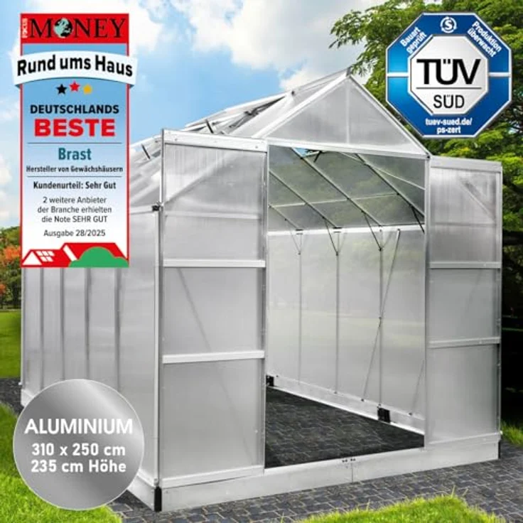 BRAST Gewächshaus Aluminium mit Fundament | 310x250x235cm Silber | TÜV geprüft | 6mm Hohlkammerplatten | rostfrei, wetterfest, temperaturbeständig – Bild 2