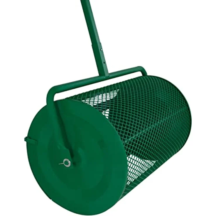 T-Mech 66cm Kompoststreuer Saatgutstreuer Grün Torfmoosstreuer Gartenstreuer Düngerstreuer Roller mit T Griff Garten Rasen Gras Stahl Verlängerbarer Griff 80L Maschenkorb Leichtgewichtig GRATIS Handschuhe – Bild 3